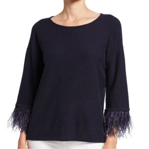 Cashmere Boat-Neck 3/4-Sleeve Sweater with Ostrich Feathers